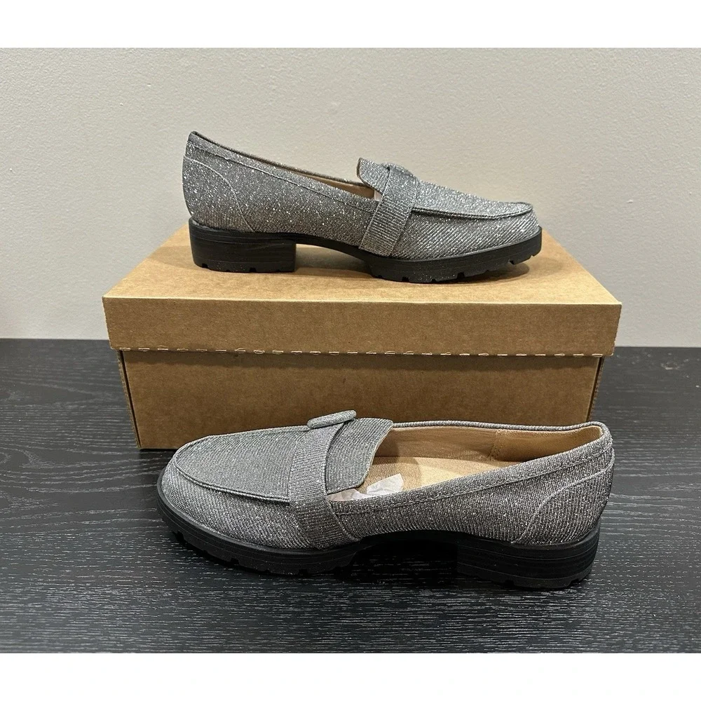 LifeStride Lolly Women Loafers Pewter Fabric Comfort Sparkle Lug Sole 8.5 READ